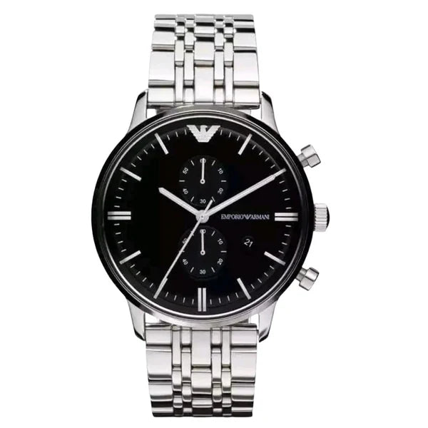 EMPORIO ARMANI Classic Silver Stainless Steel Black Dial Chronograph Quartz Watch for Gents - AR0389