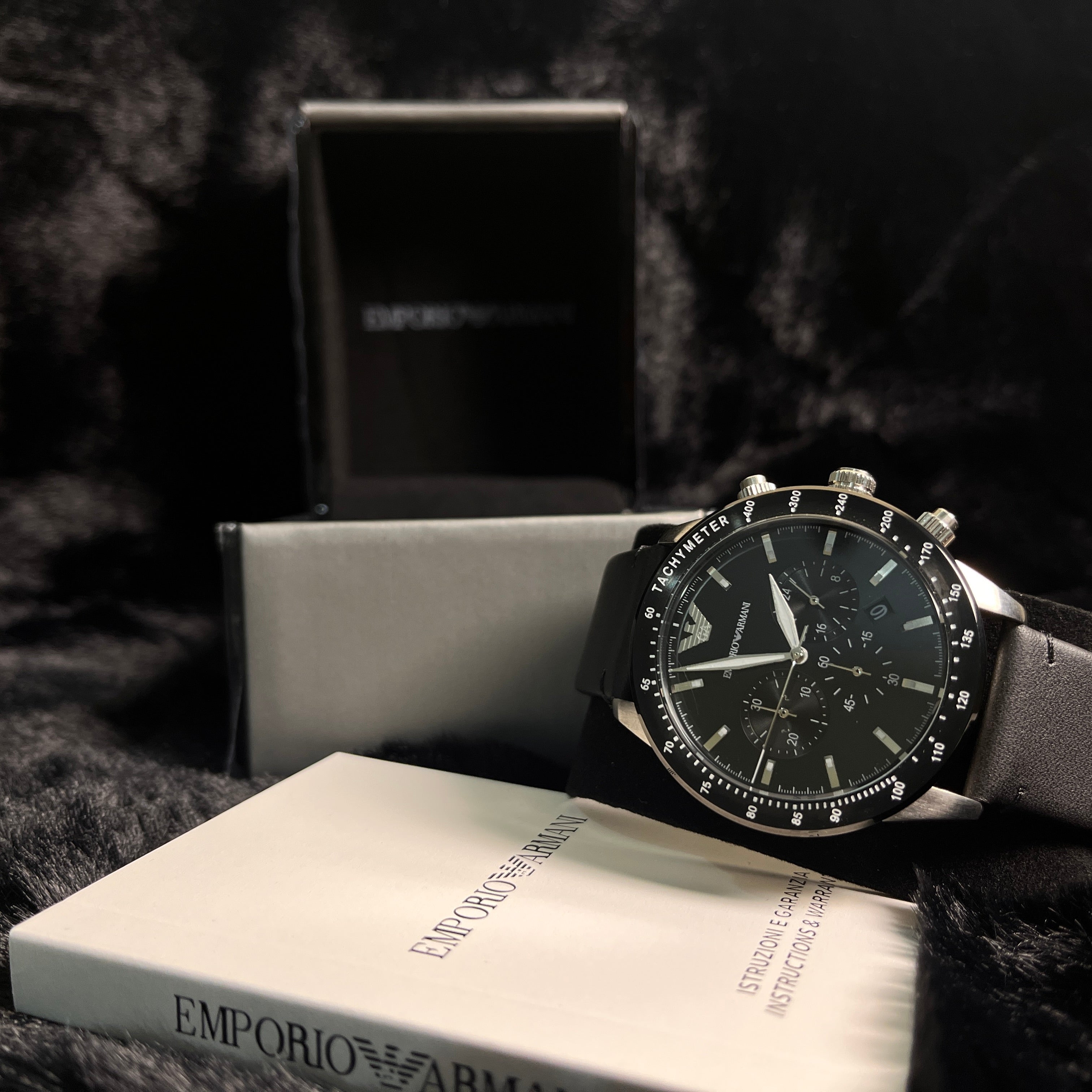 EMPORIO ARMANI Mario Black Leather Strap Black Dial Chronograph Quartz Watch - AR11243