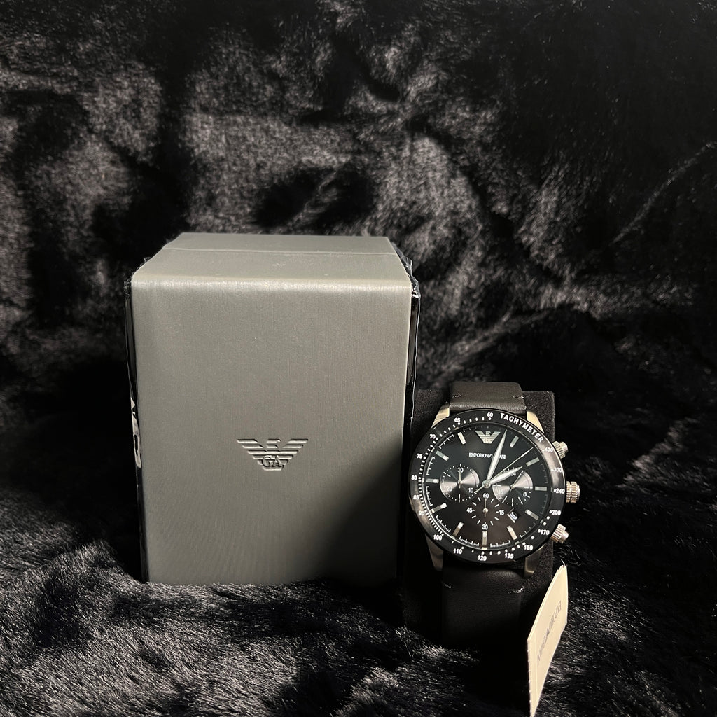 EMPORIO ARMANI Mario Black Leather Strap Black Dial Chronograph Quartz Watch - AR11243