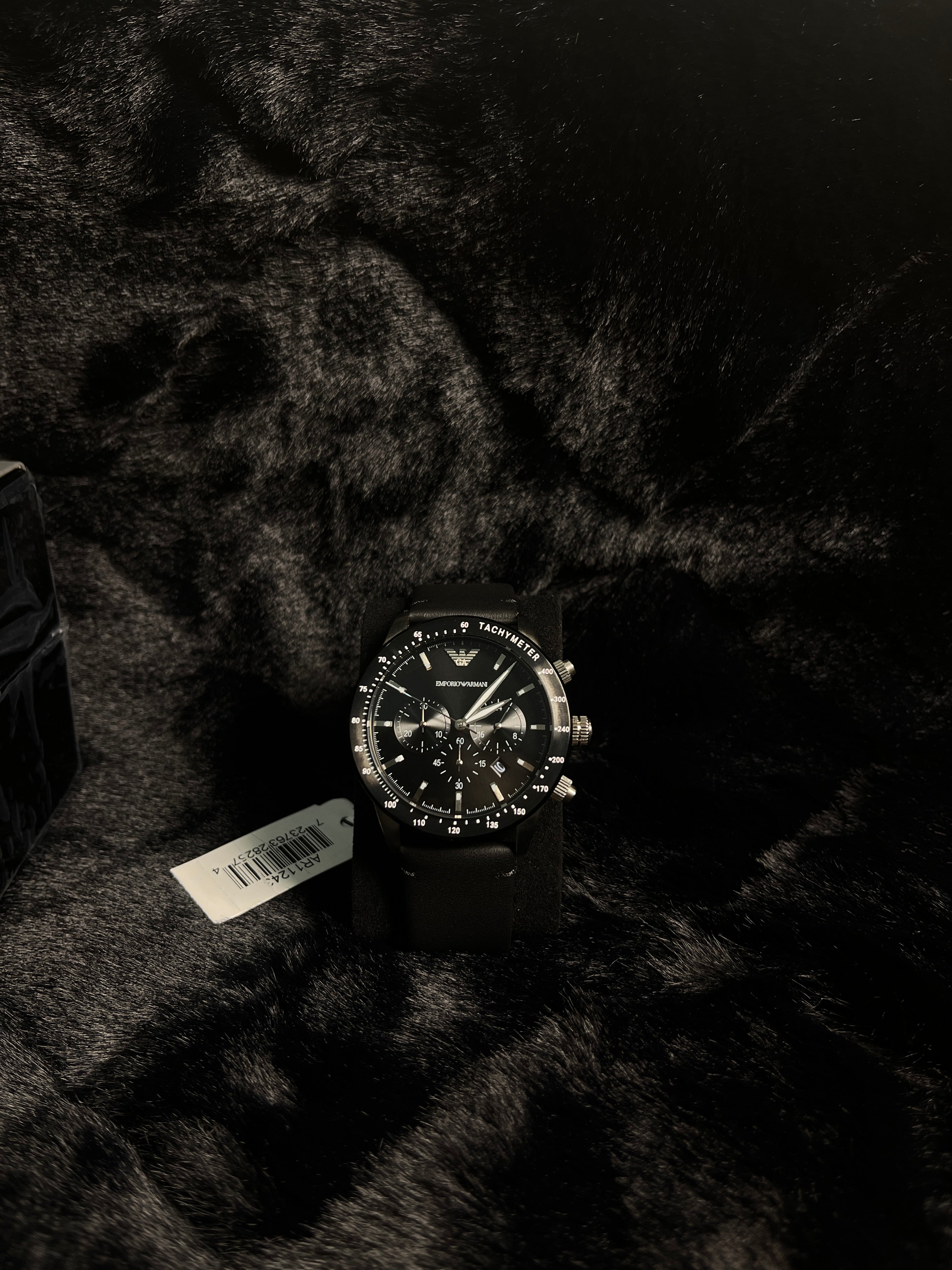 EMPORIO ARMANI Mario Black Leather Strap Black Dial Chronograph Quartz Watch - AR11243