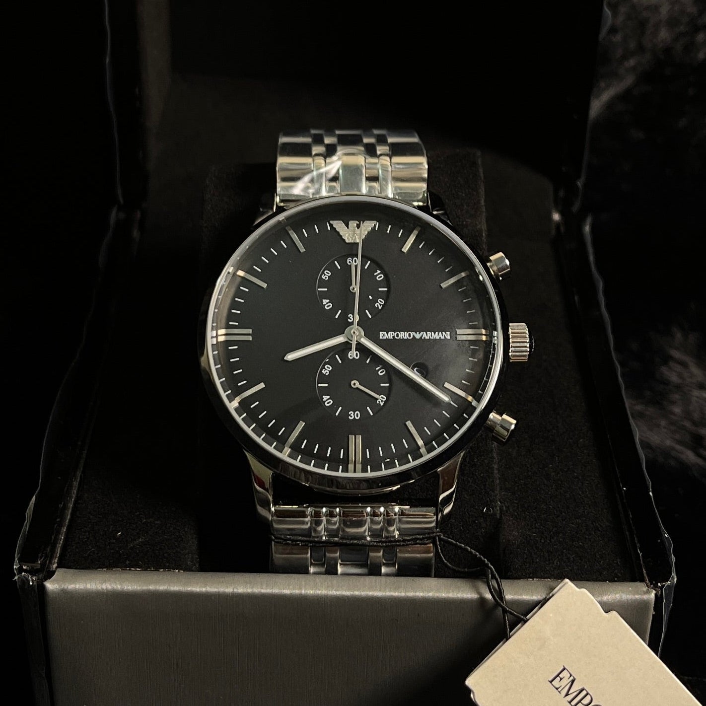 EMPORIO ARMANI Classic Silver Stainless Steel Black Dial Chronograph Quartz Watch for Gents - AR0389