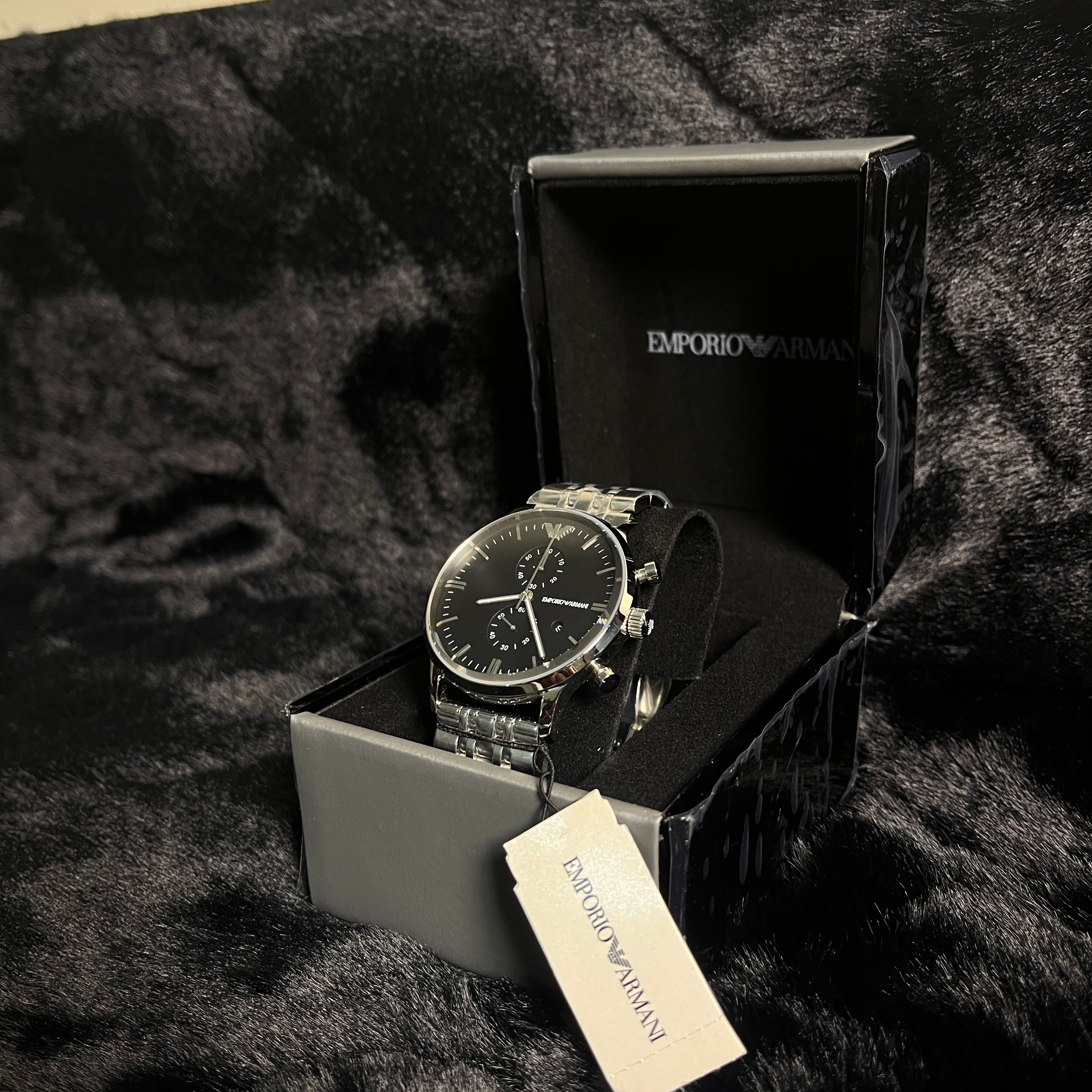 EMPORIO ARMANI Classic Silver Stainless Steel Black Dial Chronograph Quartz Watch for Gents - AR0389