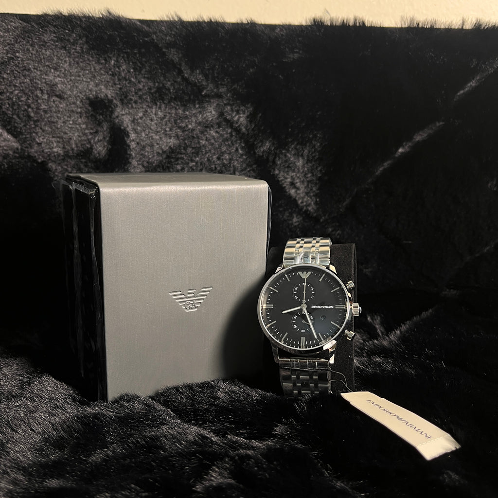 EMPORIO ARMANI Classic Silver Stainless Steel Black Dial Chronograph Quartz Watch for Gents - AR0389