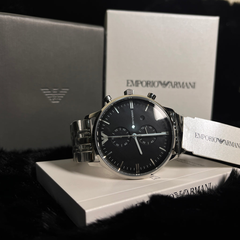 EMPORIO ARMANI Classic Silver Stainless Steel Black Dial Chronograph Quartz Watch for Gents - AR0389
