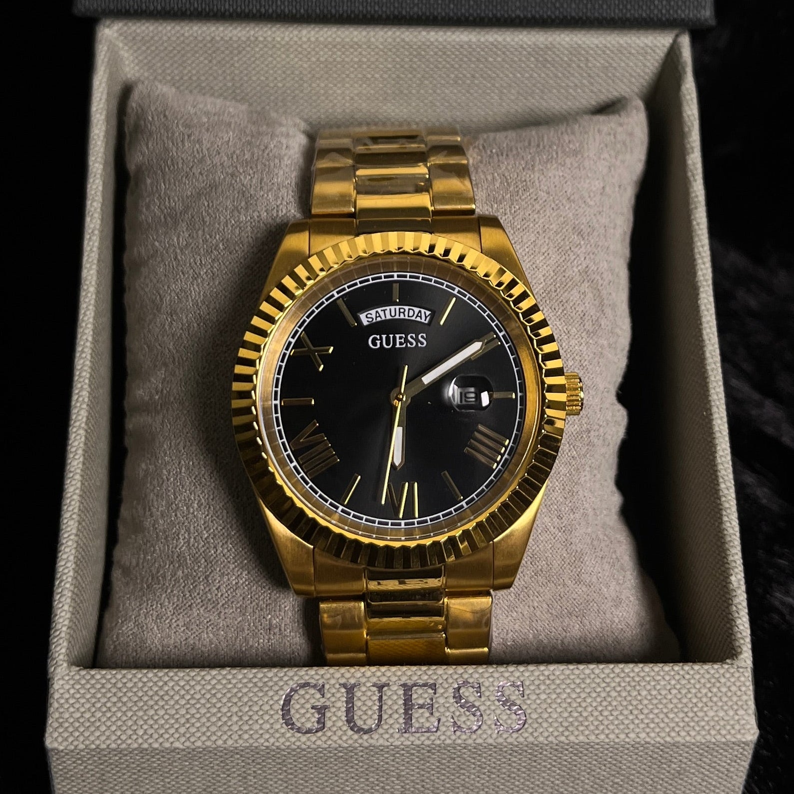 Guess Connoisseur Gold Stainless Steel Black Dial Quartz Watch - GW0265G3