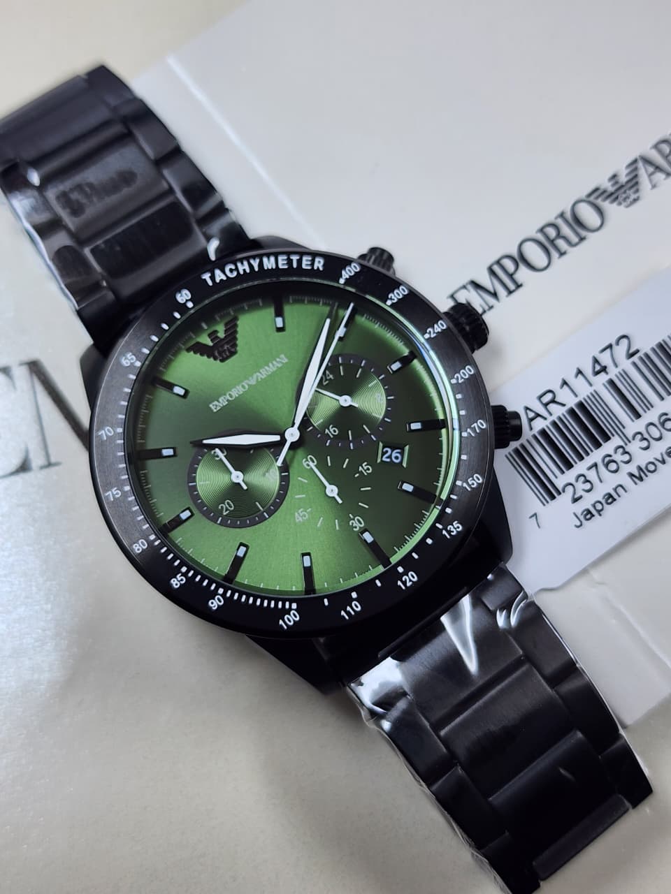 Emporio Armani - Mario Black Stainless Steel Green Dial Chronograph Quartz Watch AR11472