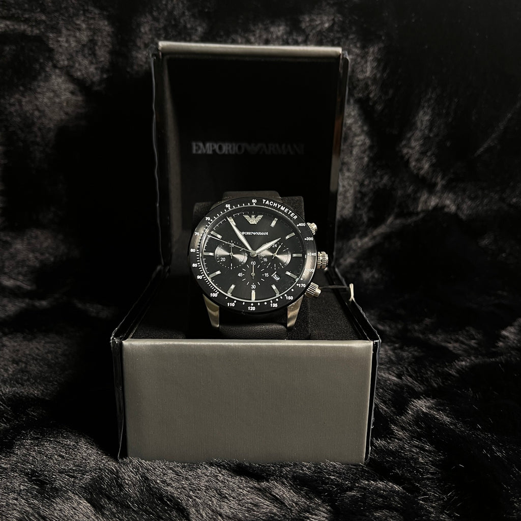 EMPORIO ARMANI Mario Black Leather Strap Black Dial Chronograph Quartz Watch - AR11243