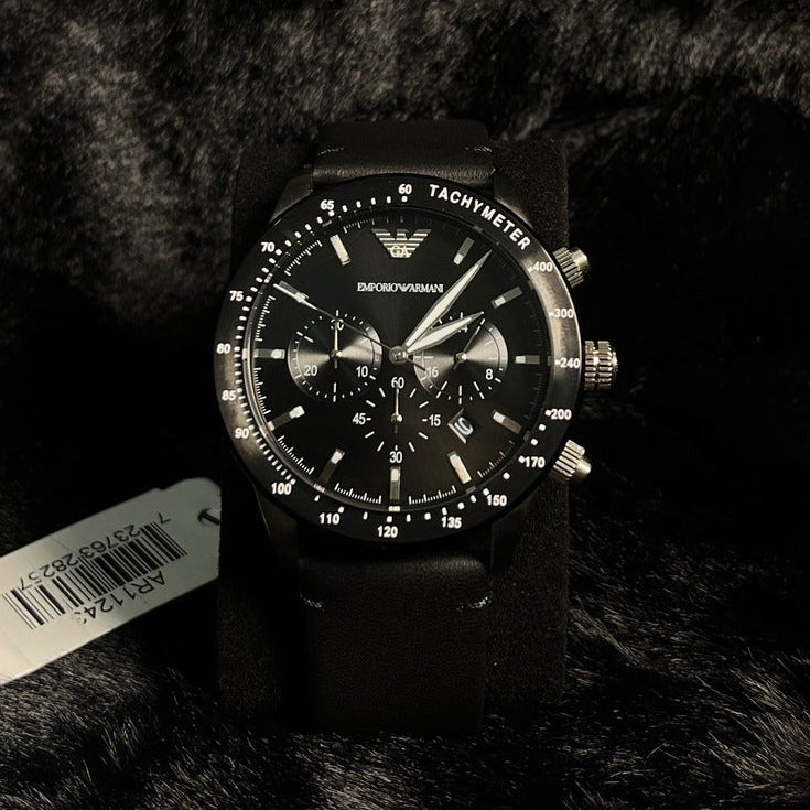 EMPORIO ARMANI Mario Black Leather Strap Black Dial Chronograph Quartz Watch - AR11243